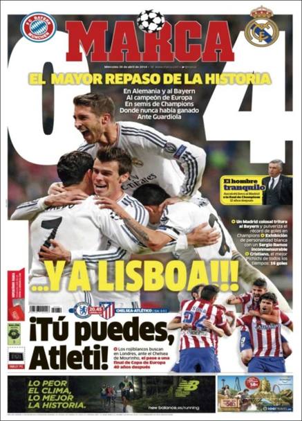 Il trionfo di Ancelotti e del suo Real  stato celebrato oggi da tutta la stampa spagnola. Il quotidiano Marca mette in primo piano lo 0-4 finale contro il Bayern (&#39;La pi grande lezione della storia&#39;) e titola: 